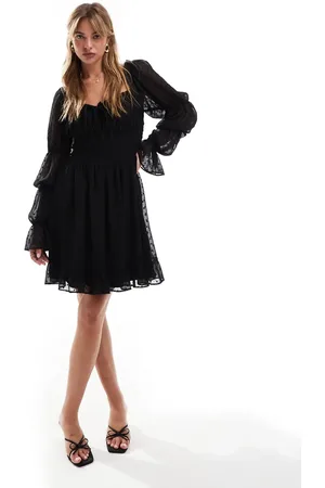 ASOS Textured milkmaid long sleeve shirred waist mini dress in