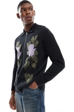 Only & Sons Zip through knit with floral embroidery in