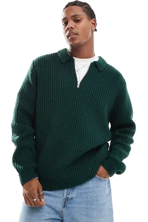 ASOS Wool mix oversized heavyweight quarter zip rib sweater with collar in dark
