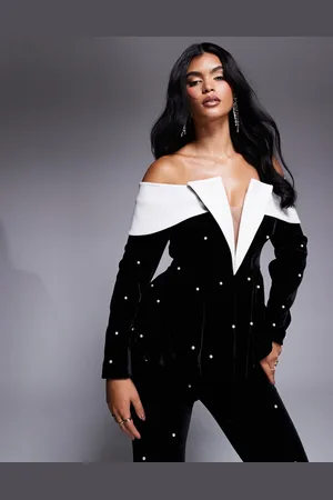 ASOS Pearl embellished velvet off shoulder tailored blazer in - part of a set