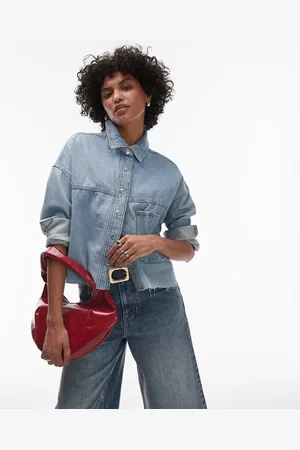 MANGO Denim oversized shirt 144 with frayed hem in light - part of a set