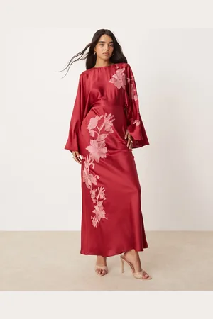 ASOS Exaggerated sleeve embroidered satin bias maxi dress in berry