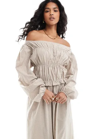 ASOS Shirred long sleeve maxi dress in brown gingham