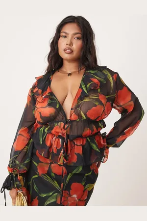 ASOS Curve long sleeve chiffon ruffle tie top in floral print - part of a set