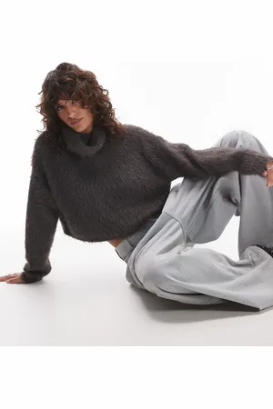 Topshop Knitted ultra fluffy roll neck crop sweater in charcoal