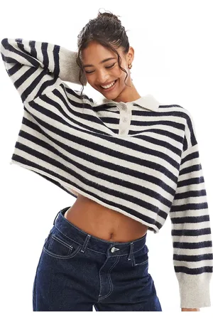 Bershka Textured knitted polo sweater in and tan stripe
