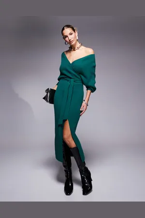 Lulus Off shoulder knit midi dress in forest
