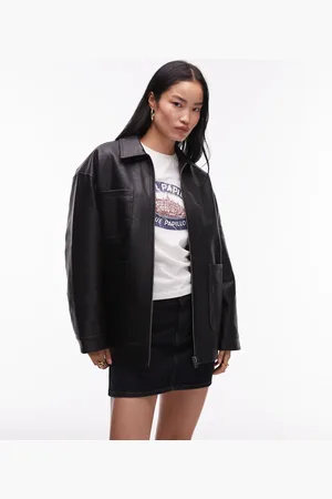 Topshop Faux leather zip up 80s jacket with patch pockets in