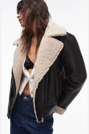 Topshop Shearling aviator jacket in and cream