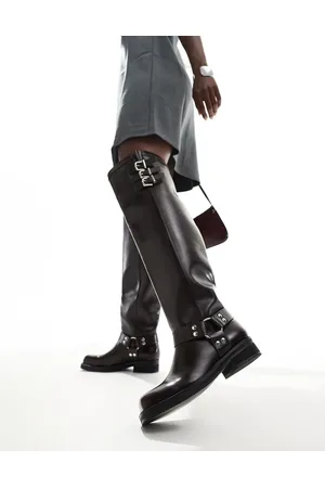 Public Desire Sagittarius flat over the knee harness boots in burgundy