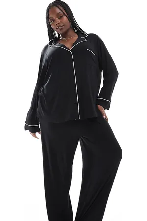 ASOS ASOS DESIGN Curve super soft long sleeve shirt & pants pajama set with contrast piping in
