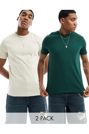 ASOS 2 pack crew neck t-shirts in dark green and stone