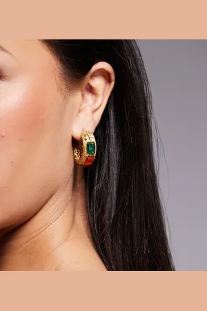 8 Other Reasons Chunky hoop earrings with amber and green stone detail in 18k plated