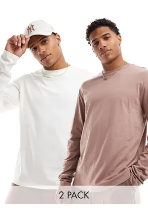ASOS 2 pack long sleeve crew neck t-shirts in cream and brown
