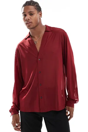 ASOS Boxy stretch sheer shirt with deep revere in burgundy