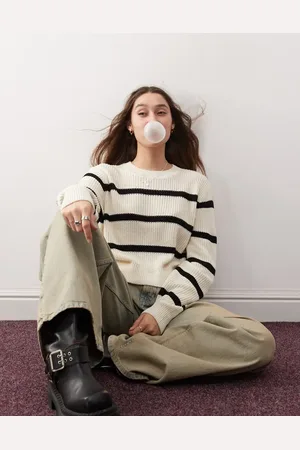 Noisy May Round neck sweater in cream & stripe
