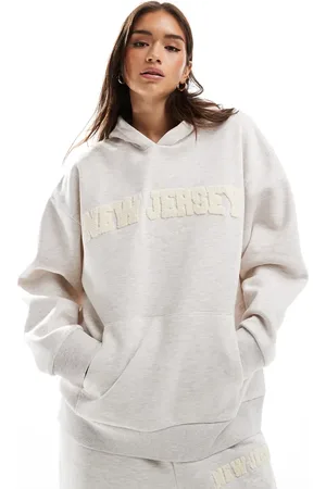 ASOS Oversized hoodie with chenille New Jersey graphic in oatmeal heather