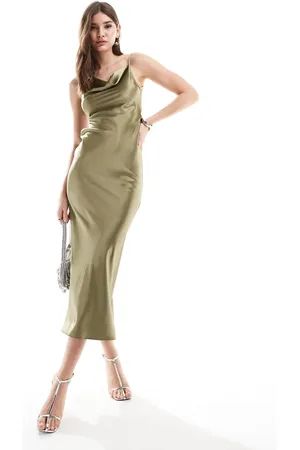 Miss Selfridge Satin asymmetric cowl maxi dress in khaki