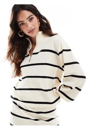 Y.A.S Zip neck knit sweater in cream and black stripes - part of a set