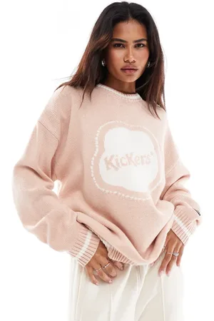 Kickers Relaxed fleurette knit sweater with big logo in baby pink