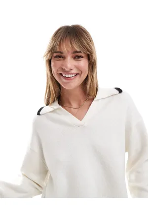 Miss Selfridge Tipped polo collar slouchy sweater in cream with black tipping