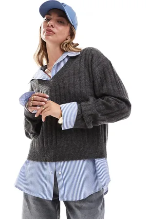 ASOS V neck sweater in rib in charcoal