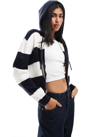 Miss Selfridge Zip through crop knit hoodie in mono stripe