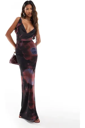 ASOS Plunge cowl neck maxi with tie detail in printed mesh in blurred floral