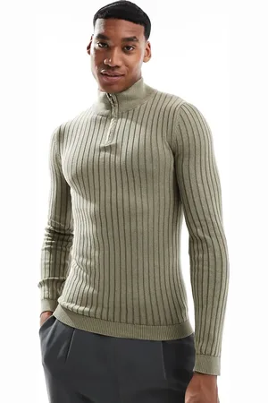 ASOS Knitted washed muscle rib quarter zip funnel sweater in khaki