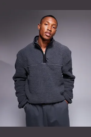 ASOS Boxy oversized half zip borg sweatshirt in washed black