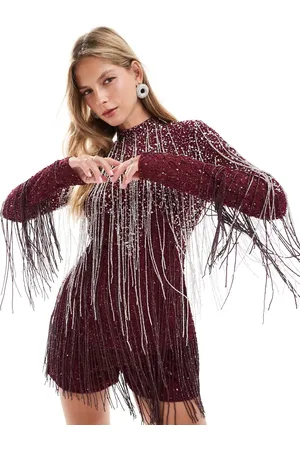 ASOS Long sleeve embellished fringe romper in burgundy