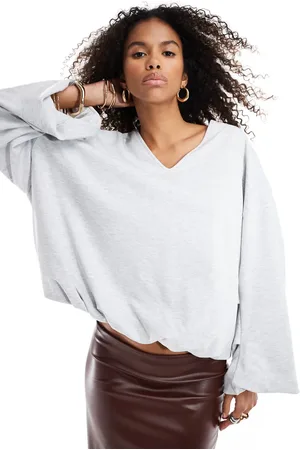 ASOS V neck plunge bubble hem sweatshirt in ice heather