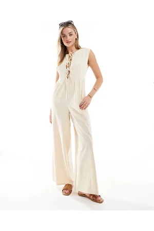ASOS Tie front wide leg jumpsuit in stone