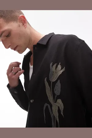 Topman Long sleeve embroidered front shirt in