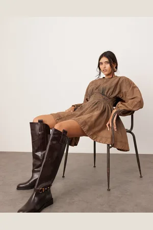 ASOS Denim pleat waist mini dress with balloon sleeve in rust acid wash