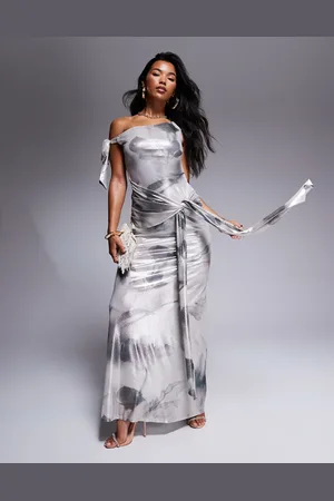 ASOS Shimmer mesh asymmetric cowl maxi dress with tie details in gray print