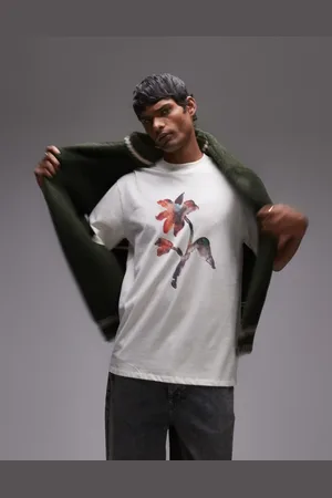 Topman Premium oversized fit t-shirt with front and back abstract watercolor floral print in ecru