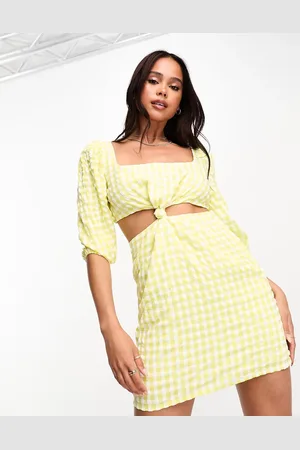 The Frolic Exclusive gingham twist puff sleeve mini dress in lemon