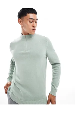 ASOS Midweight knitted quarter zip neck sweater in sage