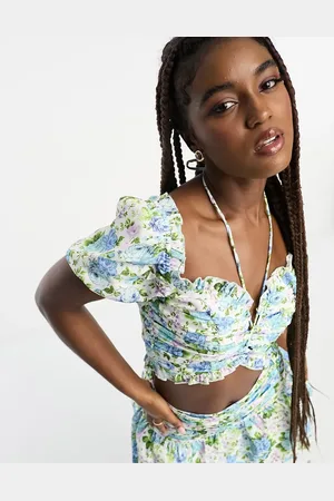 The Frolic Exclusive lattice detail puff sleeve crop blouse in vintage bloom floral - part of a set