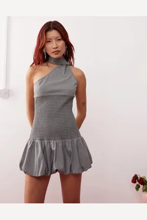 Lioness Neck detail shirred waist puffball mini dress in black and white check