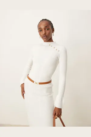 The Frolic Exclusive knitted high neck flared sleeve midi sweater dress in cream