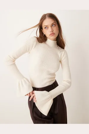 The Frolic Exclusive ribbed pearl detail flare sleeve sweater in cream