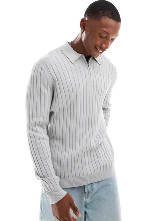 ASOS Essential muscle fit knitted rib quarter zip polo sweater in light