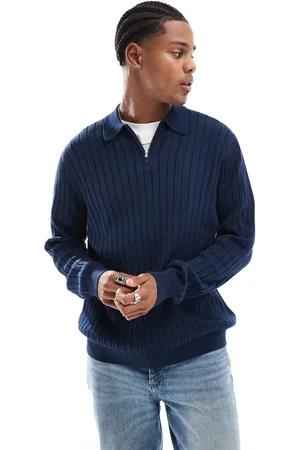 ASOS Essential muscle fit knitted rib quarter zip polo sweater in