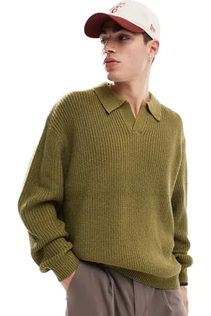 ASOS Knitted oversized fisherman rib notch neck sweater in khaki