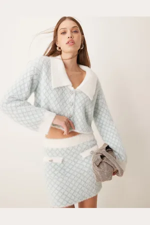 The Frolic Exclusive fluffy diamante button through diamond stitch collar detail cardigan in - part of a set
