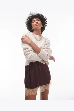 Topshop Knitted crew with exposed seams sweater in stone