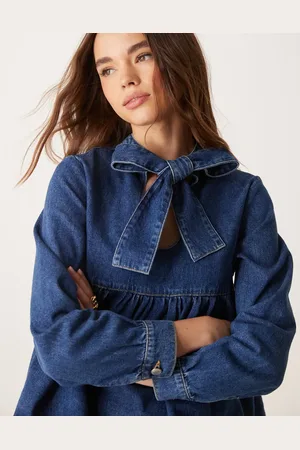 ASOS Denim bow neck top in indigo