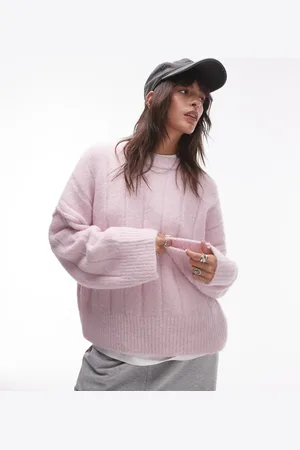 Topshop Knitted fluffy rib oversized crew sweater in lilac
